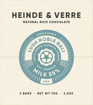 Heinde & Verre Schokolade Lush Noble Bali Milk 55% 70g verpackt